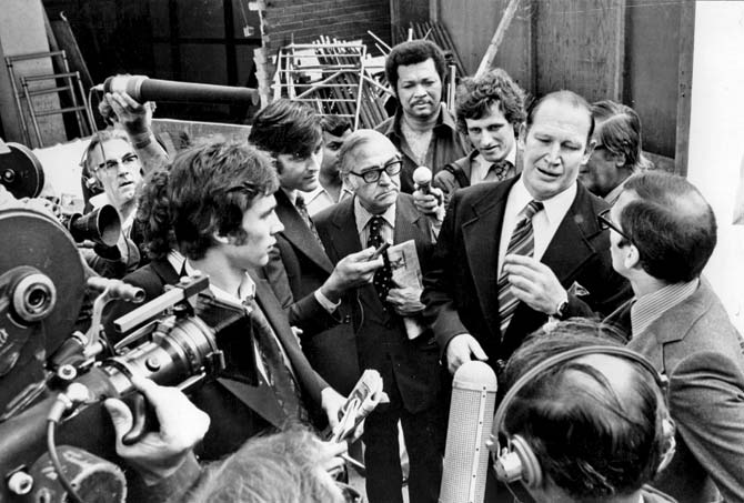 Kerry Packer, founder of WSC, surrounded by journalists in 1977. Pic/Getty Images