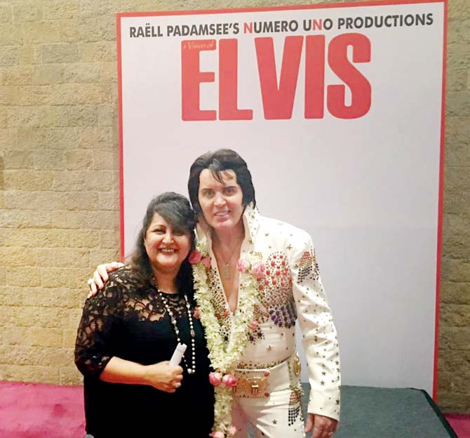 Raell Padamsee along with the Elvis Presley impersonator