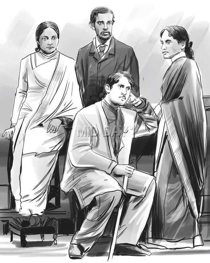 Members of the Tagore family. (Sitting) Jyotirindranath Tagore; (standing from right) Kadambari, wife of Jyotirindranath, Satyendranath Tagore and Jnanadanandini, wife of Satyendranath. Illustrations/Uday mohite
