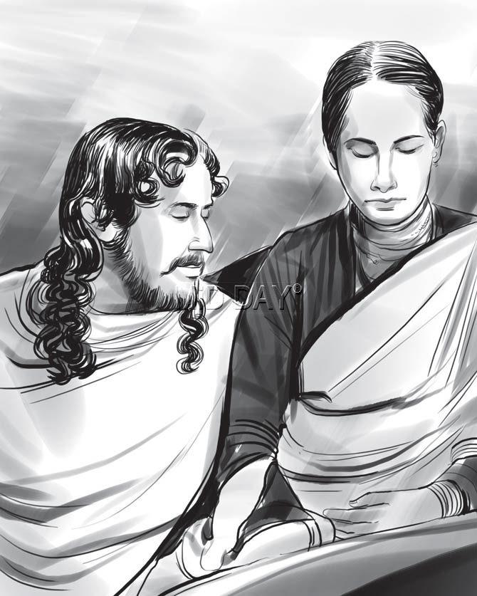 A sketch of Rabindranath Tagore with his wife Mrinalini