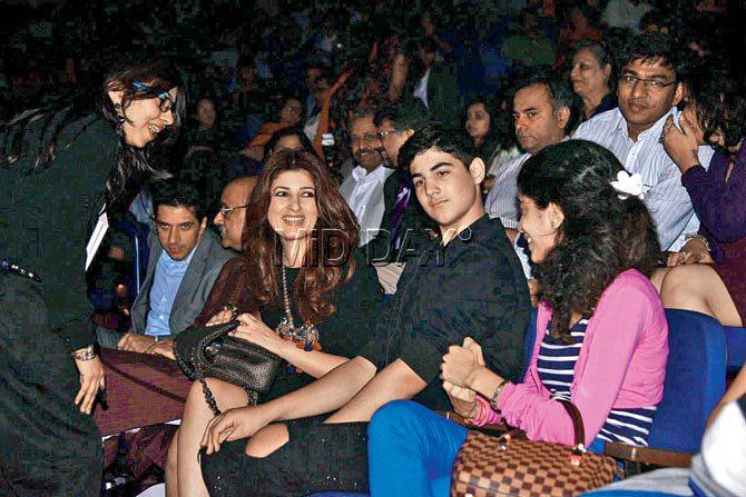 Columnist-author Twinkle Khanna with son Aarav (centre, in black) at the book awards ceremony at NCPA last evening. Pic/Suresh Karkera