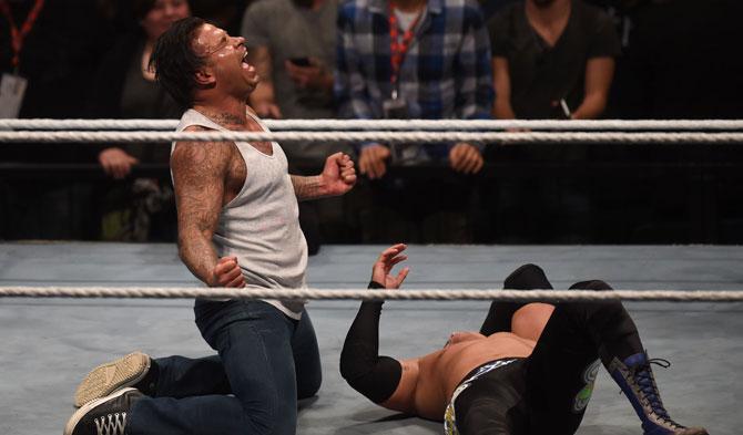 Former German goalkeeper star Tim Wiese reacts after the WWE (World Wrestling Entertainment) Six-Man-Tag-Team-Match at the Olympic Hall in Munich, southern Germany on Thursday. Pic/AFP 
