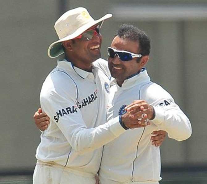 Virender Sehwag (R) and VVS Laxman (L) during the second day of the second Test match between Sri Lanka and India at The Sinhalese Sports Club Ground in Colombo on July 27, 2010. Pic/AFP