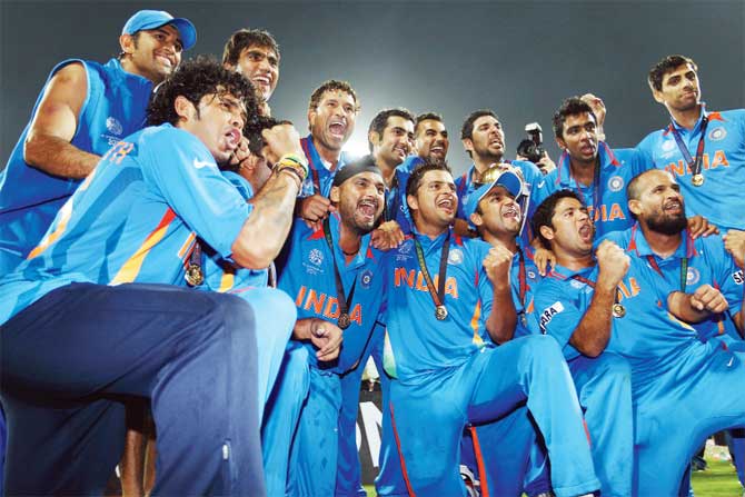 The Indian team celebrate after winning the 2011 World Cup final against Sri Lanka at Wankhede Stadium in Mumbai. Pic/getty images