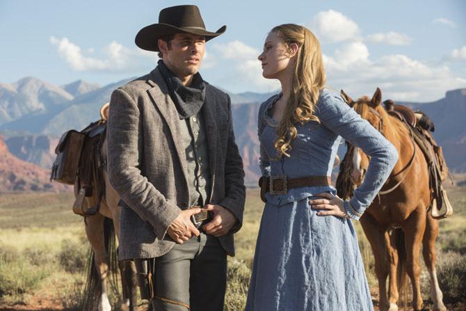 James Marsden as Teddy and Evan Rachel as Dolores in a still from Westworld