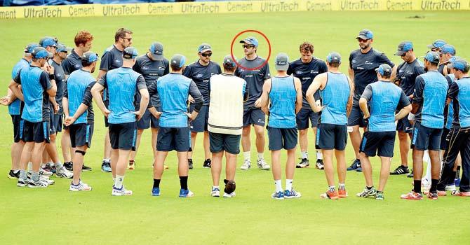 New Zealand captain Kane Williamson (circled) speaks to his teammates during the training session at Holkar Cricket Stadium in Indore yesterday. PIC/AFP