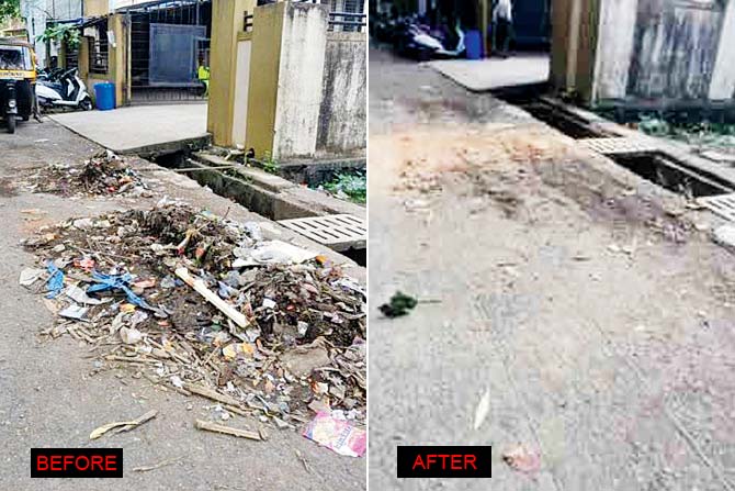 (Left) Picture of garbage near Apex Hospital in Borivli West uploaded by Satyam Goradia on October 8, 2016-10-12. (Right) Picture uploaded by the BMC of the spot that was cleared the same day