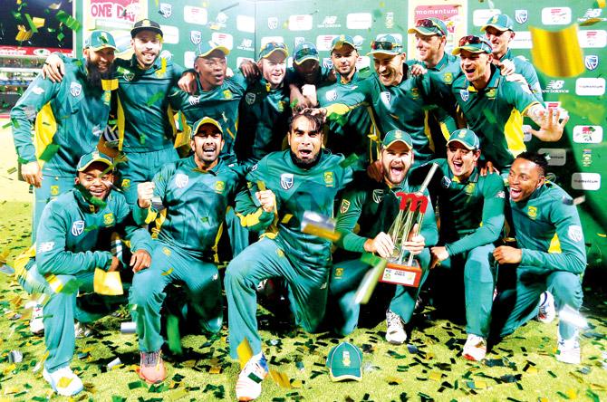 The SA team celebrate their ODI series win over Australia in Cape Town on Wednesday. Pic/Getty Images