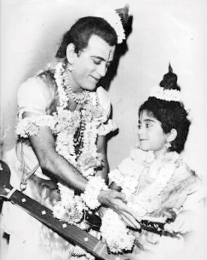 Dnyanesh Pendharkar (right) with father Bhalachandra Pendharkar dressed as Narad for a play
