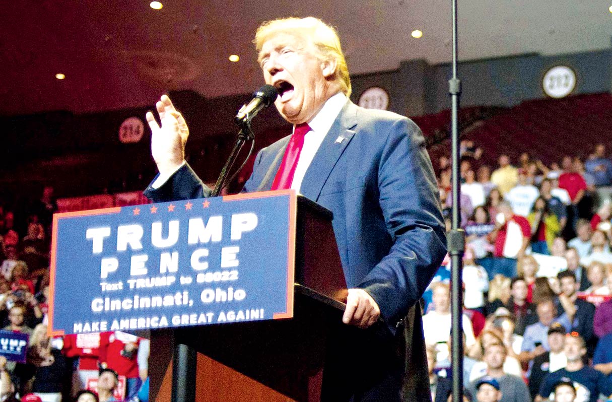 Donald Trump speaks to a crowd of attendees at US Bank Arena on in Cincinnati, Ohio. Pic/AFP