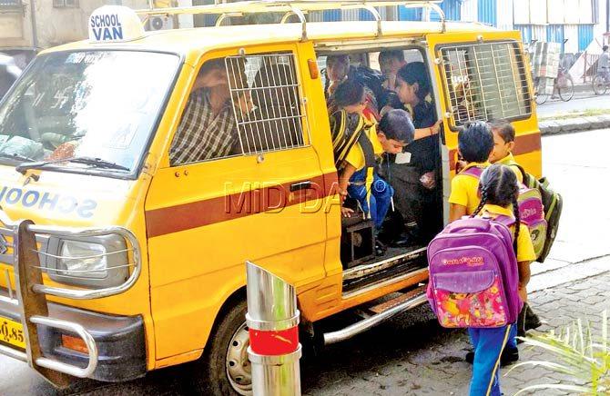 According to rules, if children are below 12 years then a van is allowed to ferry nearly 10 students. If the children are above 12 years of age, then only six students are allowed in a private van. Pic/Nimesh Dave