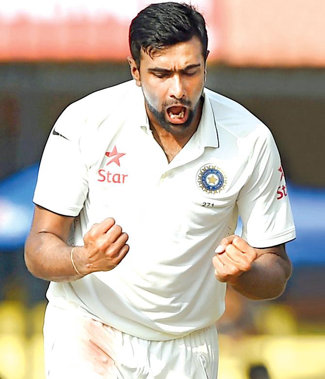 India spinner R Ashwin celebrates the wicket of New Zealand