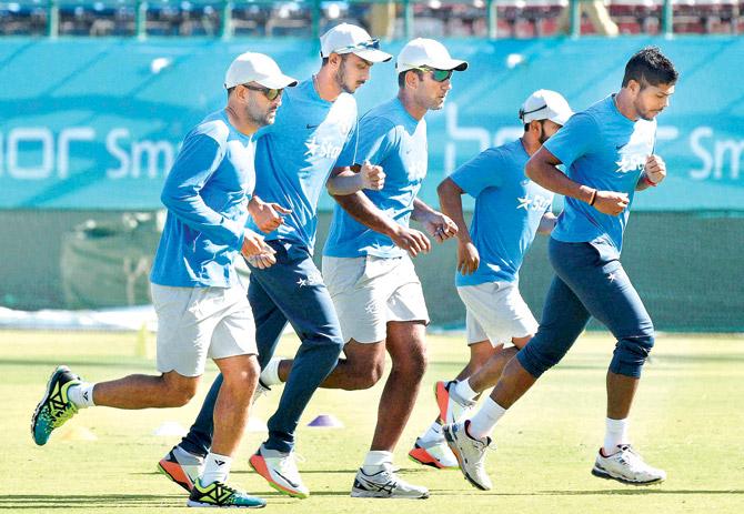 India players during a practice session in Dharamsala on Saturday. Pic/PTI