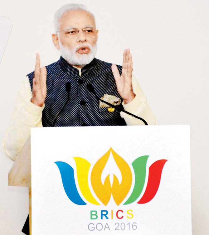 Narendra Modi at the BRICS Summit in Goa. Pic/PTI
