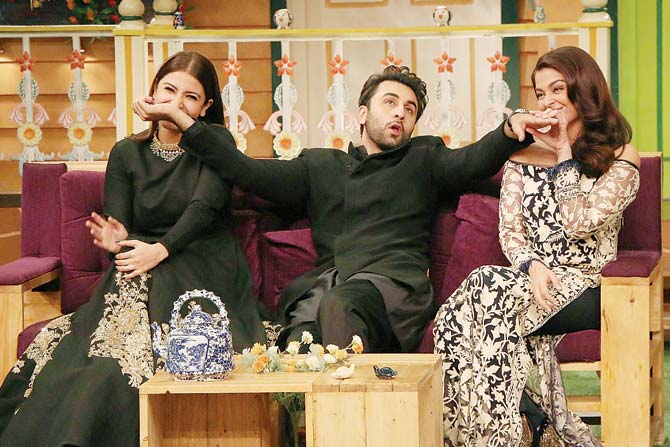 (From left) Anushka Sharma, Ranbir Kapoor and Aishwarya Rai Bachchan on Kapil Sharma’s comedy show 