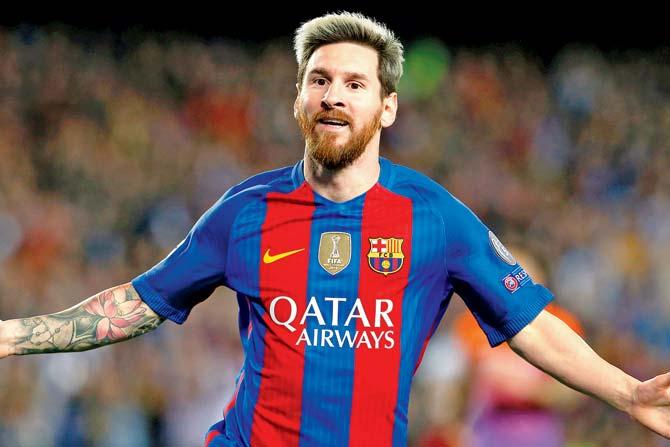 Barcelona’s Lionel Messi celebrates a goal during the Champions League match vs Man City at Camp Nou in Barcelona on Wednesday. pic/AFP