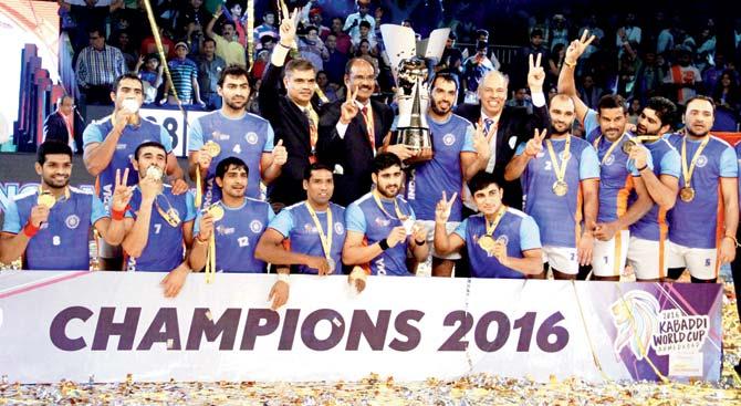 Indian players celebrate after beating Iran 38-29 in the final of the Kabaddi World Cup in Ahmedabad on Saturday. Pic/PTI