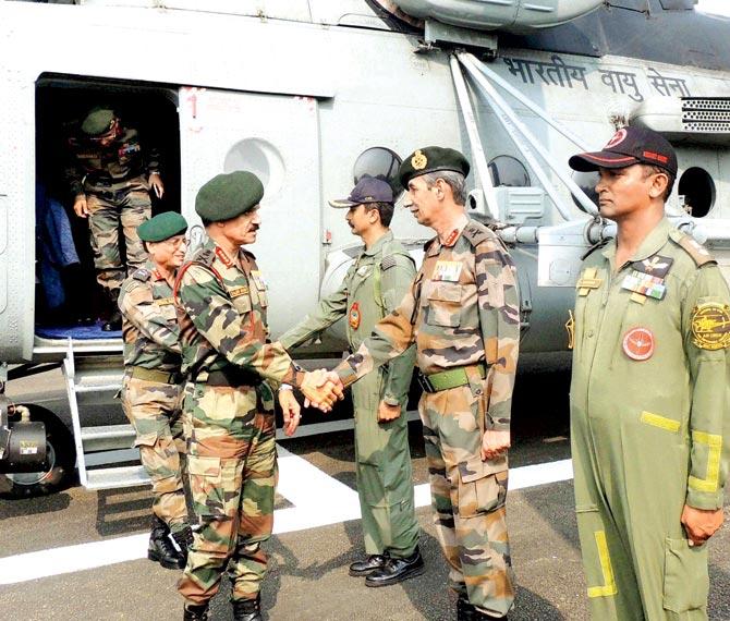 Army chief General Dalbir Singh with Deputy Chief of Army staff in Udhampur on Saturday. Pic/PTI