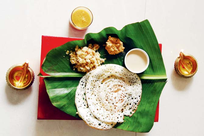  surnolis, sweet poha, coconut milk with the haseru neru on the side