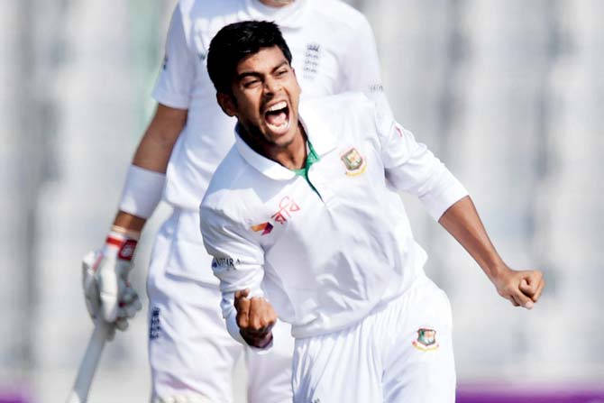 Mehedi Hasan celebrates the wicket of England’s Moeen Ali at Mirpur on Saturday. PIC/AFP