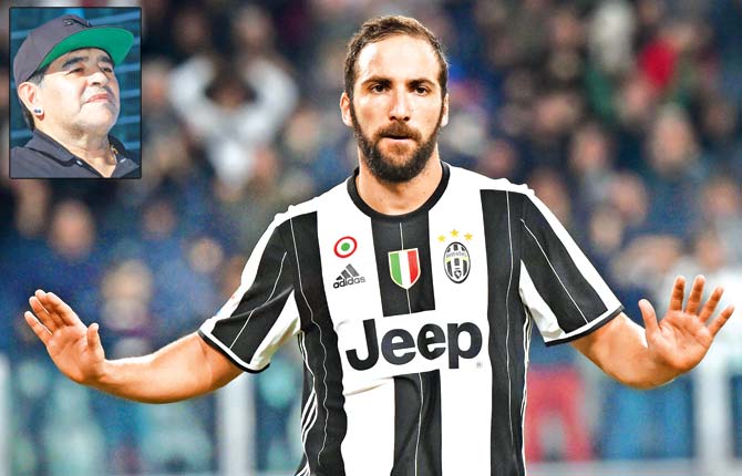 Juventus forward Gonzalo Higuain during the Serie A match vs Napoli on Saturday. Pic/AFP. Inset: Diego Maradona