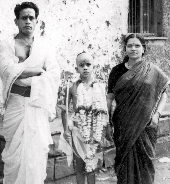 Raghavendra seen here with his parents, Bhimsen and Sunanda, at his thread ceremony in 1955, Belgaum
