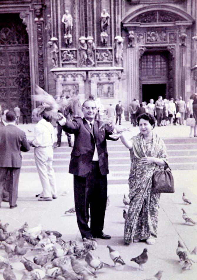AC Patel and his wife Khorshed feeding pigeons at the Duomo Cathedral, Milan, in 1966. Pic/courtesy Kashmira Master Jethwa
