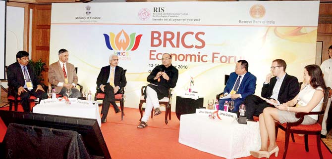 Finance Minister Arun Jaitley at BRICS Economic Forum in Panaji, Goa. Pic/PTI