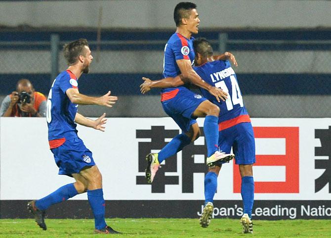 Bengaluru FC players celebrates after scoring a goal. File pic