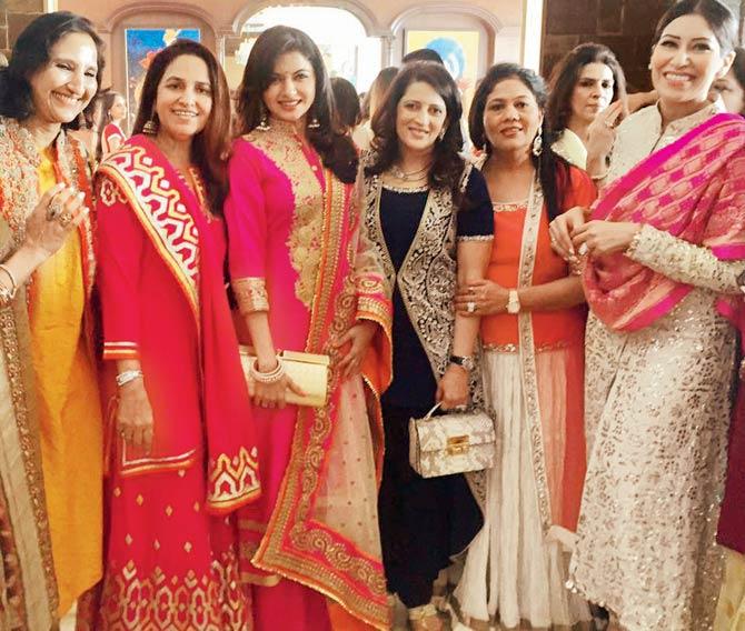 Bindu Kapoor (second from left) along with Bhagyashree Dassani, Gauri Bhosale, designer Maheka Mirpuri and others at the Karva Chauth lunch on Wednesday. 