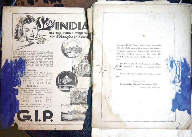The cricket-railway connect: (Left) A brochure of Bombay Pentangular with an advertisement for the Great Indian Peninsula Railway (GIP), urging people to visit different parts of the country to avail their newly introduced standard routes; (right) a souvenir for Laxmidas Rowji Tairsee, a business tycoon of the era