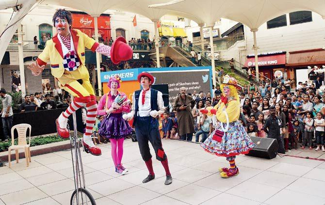 Clowns entertaining crowds at an earlier edition of the International Clown Festival. Pic/Sayed Sameer Abedi