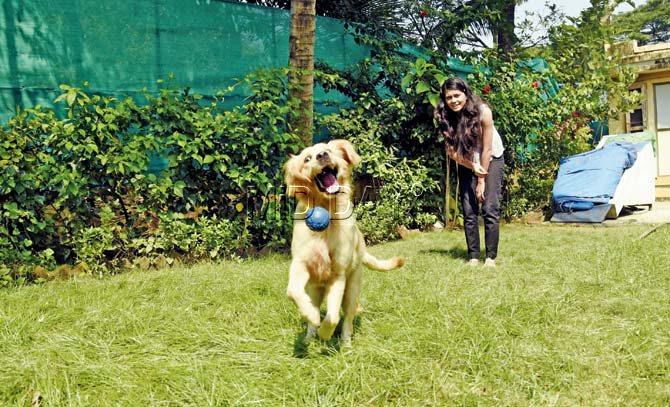 Dr Ankita Pathak with one of her canine house guests at her boarding facility at Marwe Road, Malad. Pic/Pradeep Dhivar