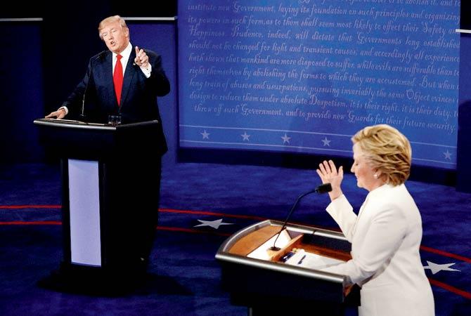 Democratic presidential nominee Hillary Clinton debates with Republican presidential nominee Donald Trump during the third presidential debate at UNLV in Las Vegas. Pic/AP/PTIDemocratic presidential nominee Hillary Clinton debates with Republican presidential nominee Donald Trump during the third presidential debate at UNLV in Las Vegas. Pic/AP/PTI