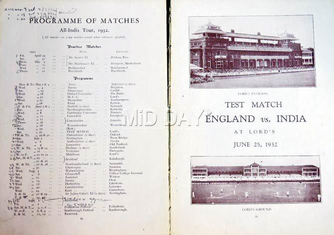 (Left) Full schedule of India’s 1932 tour. The team toured England in the 1932 season under the title, All-India team. One Test match was played at Lord’s Cricket Ground. This was the first Test played by India. England won by 158 runs after scoring 259 and 275-8 declared while India was bowled out for 189 and 187
