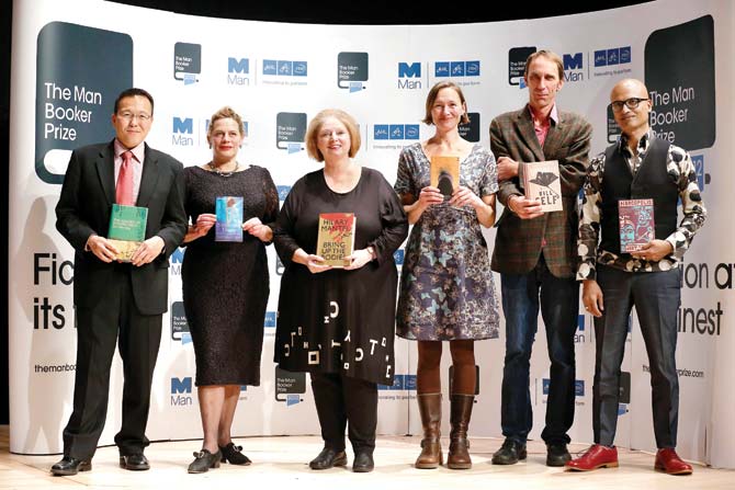 Jeet Thayil (extreme right) in the group of writers shortlisted for the Man Booker Prize, 2012
