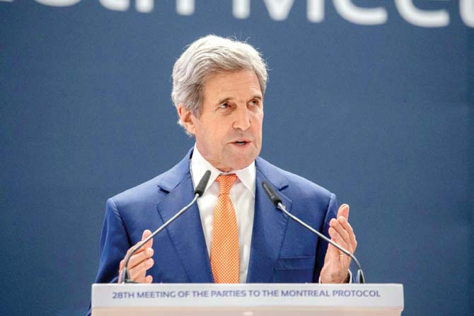 US Secretary of State John Kerry gestures as he delivers a speech during the 28th Meeting of the Parties to the Montreal Protocol in Kigali, on Friday. Pic/AFP