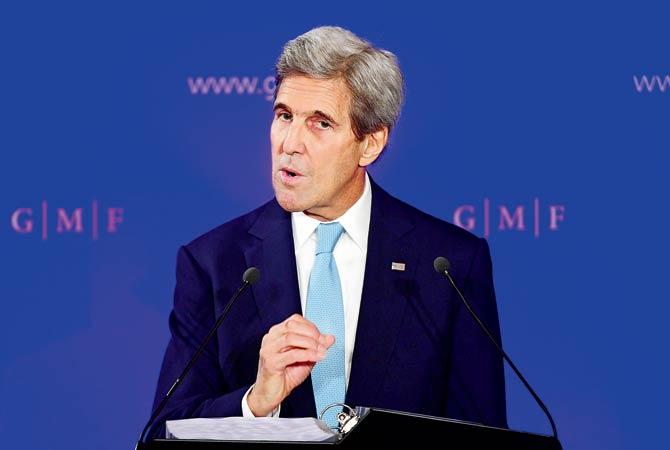 US State Secretary John Kerry gives a speech at The German Marshall Fund in Brussels on Tuesday. pic/AFP