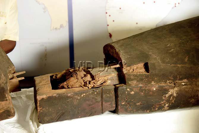 The lower end of the coffin, with a close view of what could possibly be the mummified feet of the body. Note a part of an open butterfly hinge to the right