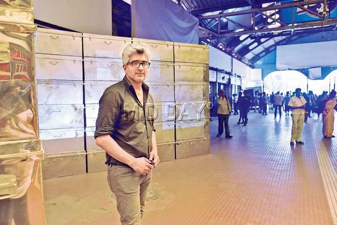 Husain likes to engage an accidental audience in a public domain. He feels public installations, like this one at CST’s platform No. 8, allow one to take art out of an institutional structure and make it part of a daily routine. Pic/Pradeep Dhivar
