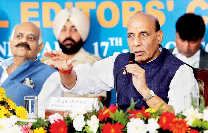 Union Home Minister Rajnath Singh addresses the Regional Editors’ Conference in Chandigarh on Monday. Pic/PTI