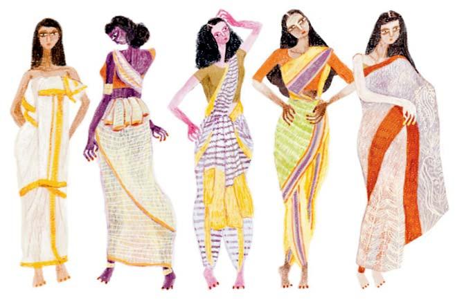 Five Indian sari draping styles. Illustration Courtesy/Manuja Waldia