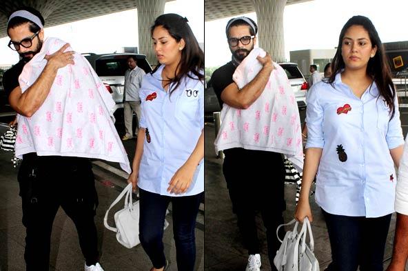 Photos: Shahid Kapoor with daughter Misha, wife Mira at Mumbai airport