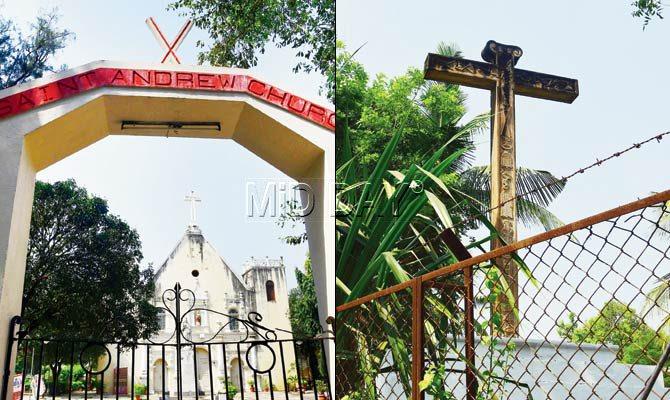 (Extreme left) A view of the Church of St Andrew; (left) A close-up of the cross depicting one side of the 45 symbols. Pic/Sneha Kharabe