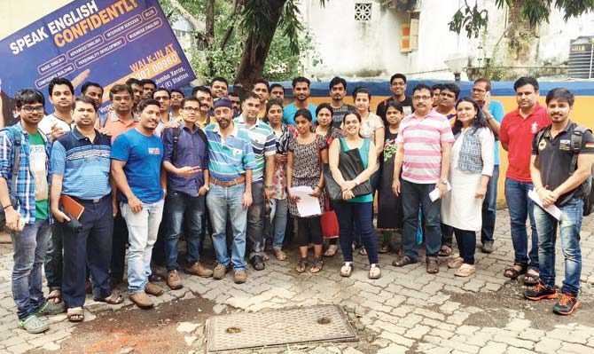 Victims of the QNet scam outside the Andheri venue, where they meet as part of the Financial Frauds Victims Association