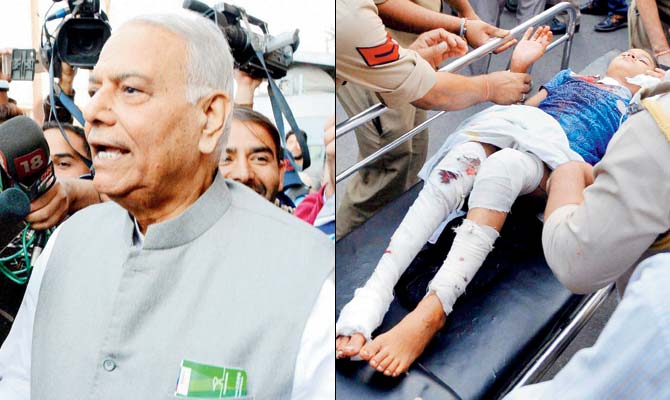 Former Union minister Yashwant Sinha after meeting Syed Ali Shah Geelani of Hurriyat Conference. (R) A girl injured in cross border firing at Suchetgarh, where six women from a family were hurt. Pics/PTI