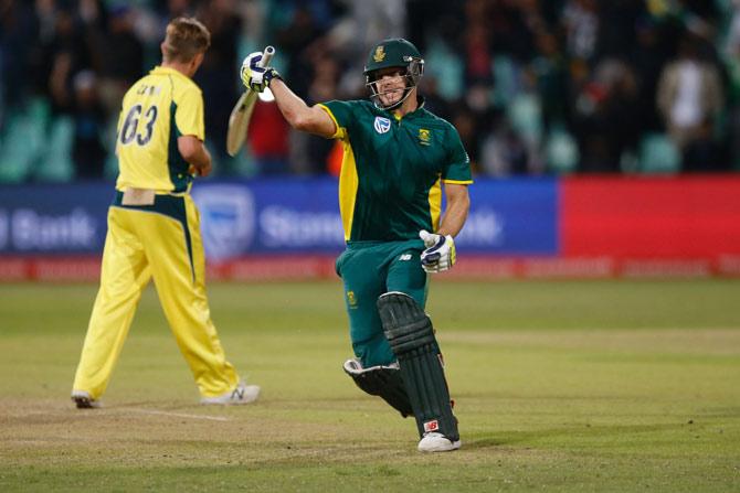 David Miller celebrates after winning the match during the third ODI between South Africa and Australia at Kingsmead 