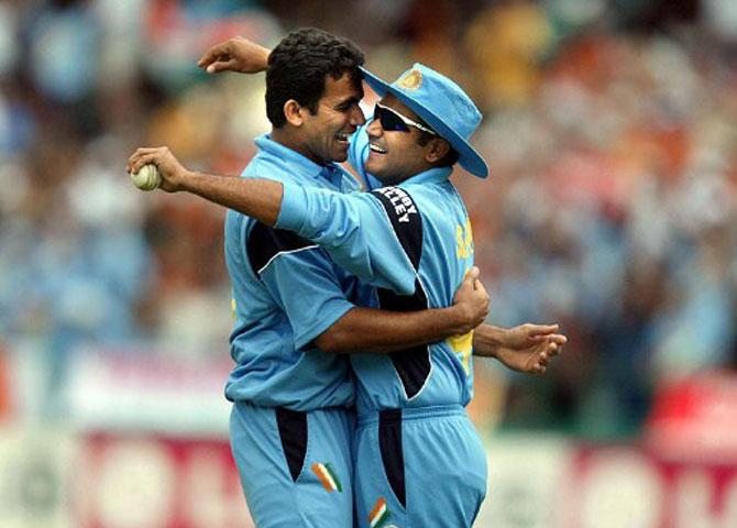 Zaheer Khan hugs Virender Sehwag (R) during the India vs Australia World Cup final clash in March 2003 at the Wanderers Cricket grounds in Johannesburg. Pic/AFP