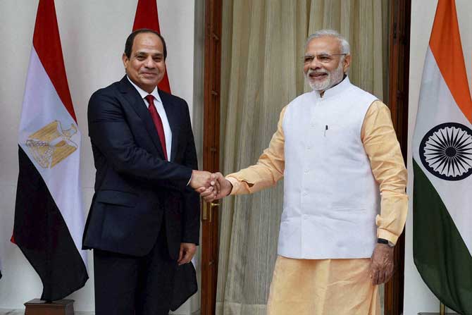 Prime Minister Narendra Modi with Egyptian President Abdel-Fattah el-Sissi during their meeting at Hyderabad House in New Delhi on Friday. Pic/ PTI