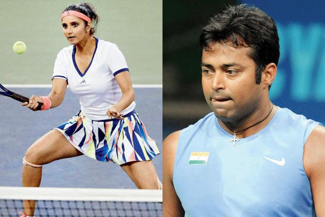 Sania Mirza returns to Taylor Townsend and Donald Young during a mixed doubles match at the USâu00c2u0080u00c2u0088Open in New York. Pic/AP, PTI